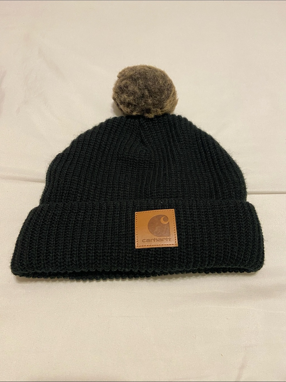 Carhartt Black Rib Knit Beanie with Brown Pom